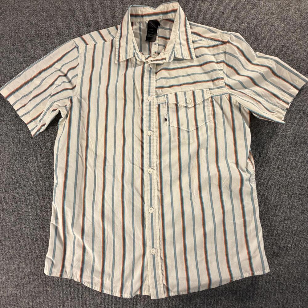 The North Face Mens Short Sleeve Button-Up Shirt Striped Beige Medium AKYS